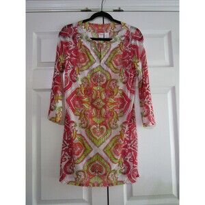 INC Beach Dress Womens Medium Pink Green Paisley Beaded Sheer Cover Up Resort